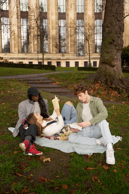 A diverse group of college students studying together on a campus lawn, symbolizing the increased accessibility to higher education through expanded Pell Grant eligibility. Sunlight filters through the trees, creating a warm and inviting atmosphere.