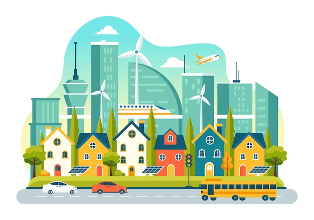 A graphic depicting a sustainable city with green energy sources powering various buildings and transportation systems. The image showcases the integration of sustainability principles in urban planning and infrastructure.