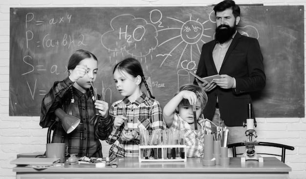 A collage of images representing different dual enrollment course options: a science lab, a writing workshop, a math class, and a computer programming session.