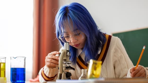 A close-up shot of a college student looking through a microscope in a biology lab, highlighting their concentration and the advanced scientific equipment. The soft lighting emphasizes the importance of precision and detail in scientific research.