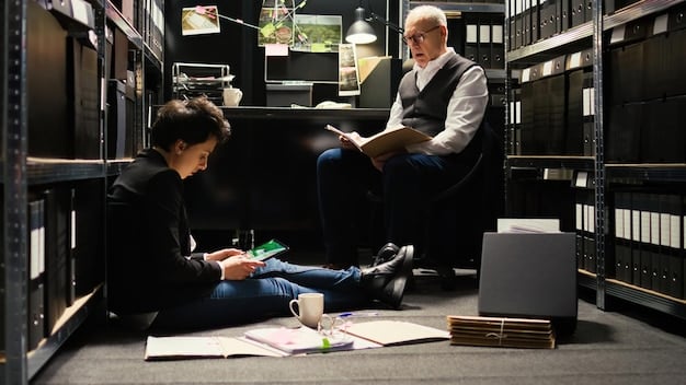 A college professor mentoring a student in a library setting, surrounded by books and research materials. The professor is pointing at a document, guiding the student through the research process and providing expert advice.