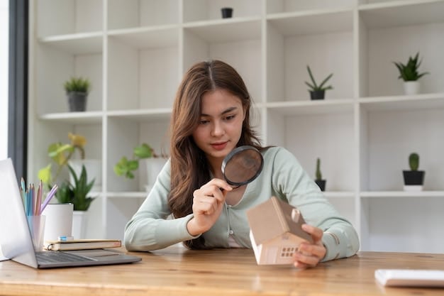 A student sits at a desk, intently studying a housing contract, with a magnifying glass in hand. The room is filled with scattered papers and charts, and their determined expression shows they're carefully and deliberately examining the details before making a decision.