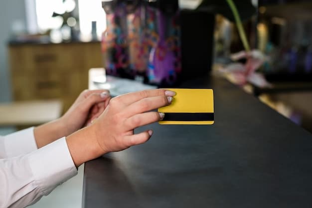 A close-up of a hand swiping a credit card at a store checkout. The person looks distracted, and the background is blurred, suggesting impulsive spending.