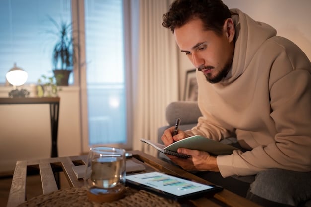 A person using a budgeting app on a smartphone, showcasing features like expense tracking, goal setting, and progress charts. The background is a modern living room setting.