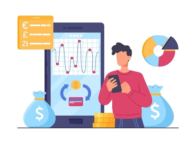 A person meticulously tracking their expenses using a budgeting app on their smartphone, with charts and graphs illustrating their spending patterns.