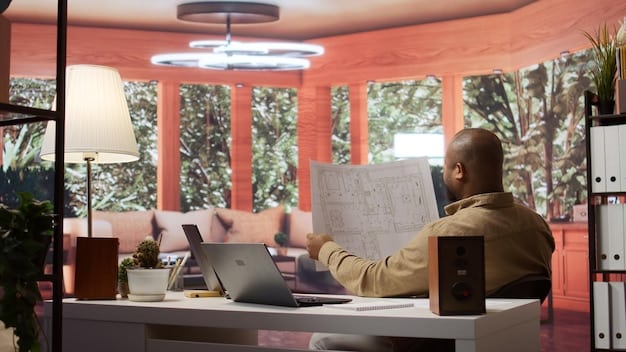 A person sitting at a desk, reviewing financial documents and investment statements, with a focused and analytical expression. The scene is set in a home office environment.