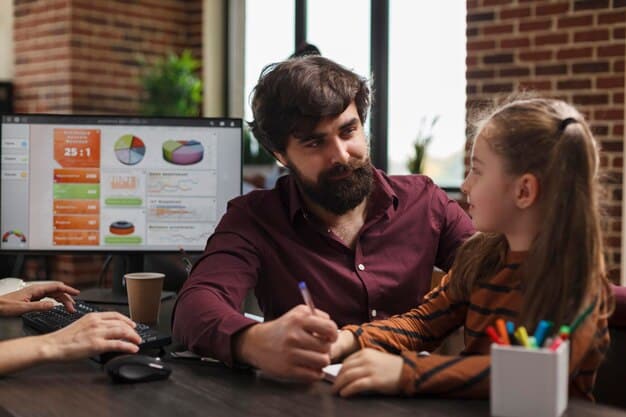 A father and daughter are sitting together, looking at a laptop screen with a graph displaying investment growth. They are both smiling and pointing at the screen, showing a sense of accomplishment and excitement about their savings. The scene is set in a cozy home office, with financial books and documents in the background.