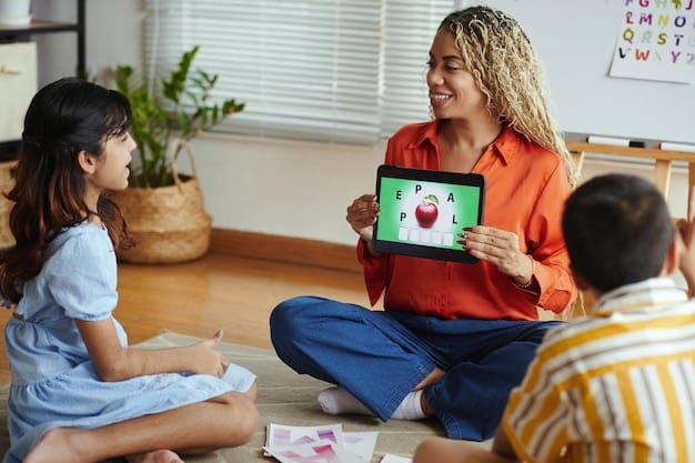 A teacher is administering feedback to a student via a digital tablet while reviewing an online assignment that the student made. The environment shows a student-workspace with learning resources.
