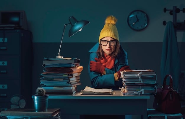 A photo of a stressed teacher sitting at her desk, surrounded by piles of papers and assignments to grade. The lighting is dim, giving a sense of long hours spent working.