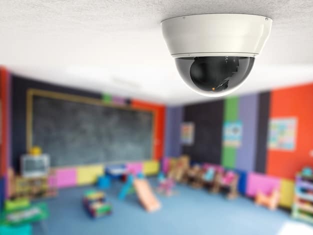 A close-up shot of a school security camera, focusing on its lens and the surrounding environment. The image evokes a sense of surveillance and security, emphasizing the technological aspects of school safety.