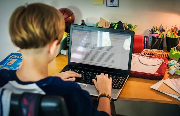 A student carefully reading a passage on a computer screen, with the ACT test interface visible. The setting is a quiet library or study room, with books and other study materials in the background. The composition emphasizes the student's focus and the intellectual environment.