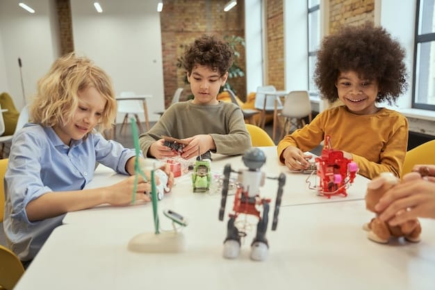 A group of elementary school students participating in a hands-on science experiment during a STEM fair. They are using microscopes and other lab equipment to observe and analyze specimens, with teachers guiding them through the process.