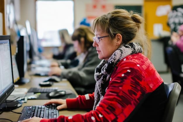 A high school teacher conducting a coding workshop for students. The students are working on laptops, writing and debugging code, while the teacher provides guidance and support.