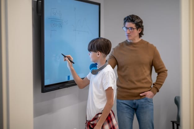 A teacher using an interactive whiteboard to teach a math concept to a class of middle school students. The whiteboard displays a colorful graph, and the students seem engaged and attentive.