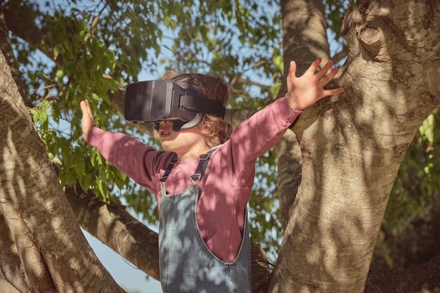 A group of elementary school students wearing VR headsets, exploring a virtual rainforest environment. The students are pointing and gesturing, and their faces show excitement and wonder.