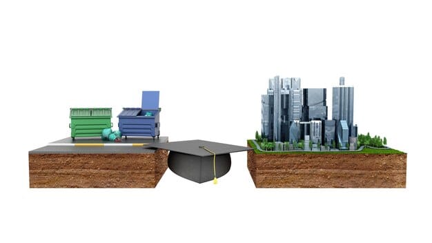 A split image showing a well-funded private school with advanced resources on one side and an underfunded public school with outdated facilities on the other side, symbolizing the disparity in resources often associated with voucher programs.