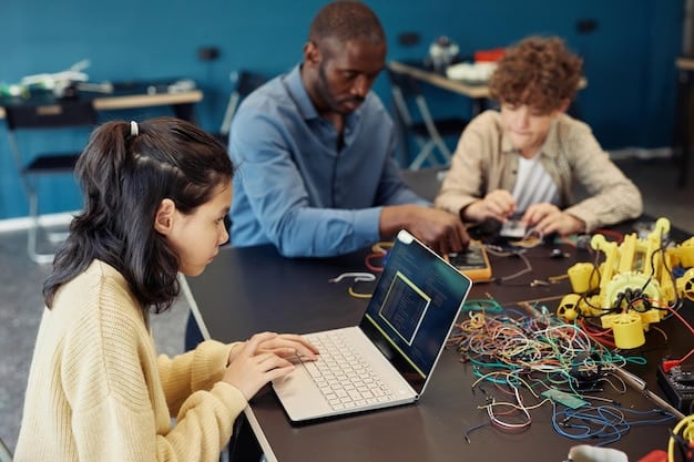 A diverse group of students working on a robotics project in a CTE lab, featuring advanced equipment and a collaborative learning environment. The focus is on teamwork and problem-solving skills.