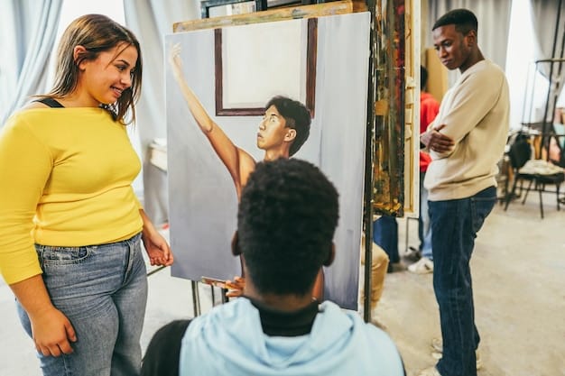 A diverse group of parents attending a school event, talking to teachers and looking at student projects displayed on the walls. The atmosphere is vibrant and collaborative.