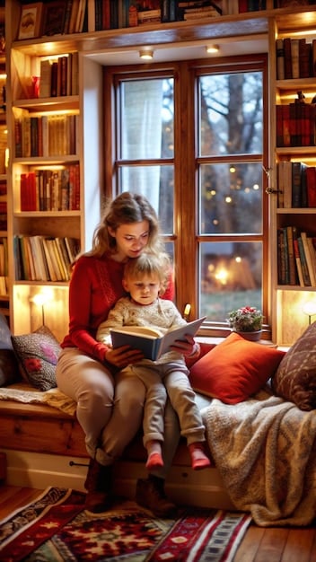 A family reading books together in a cozy living room. The parents and children are smiling and engaged, creating a warm and inviting atmosphere.