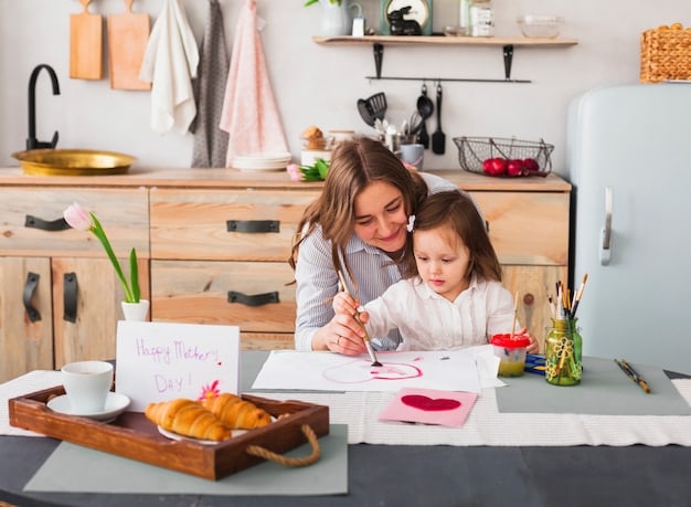 A warm and inviting image of a family homeschooling at their kitchen table. The mother is teaching her two children, using a combination of books, a laptop, and hands-on learning materials. The atmosphere is relaxed and supportive, emphasizing the personalized nature of homeschooling.