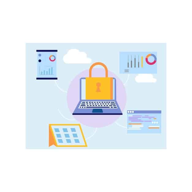 A graphic showing a padlock over a laptop screen with icons representing student data around it (name, grade, attendance, etc.), emphasizing data security.