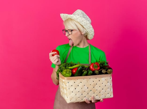 An elderly woman with a warm smile shopping for groceries using her SNAP benefits, with a focus on fresh fruits and vegetables.