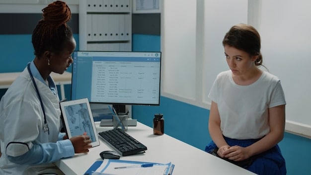A person sitting in a doctor's office, looking concerned, while the doctor reviews medical records, symbolizing the medical evaluation process for Social Security Disability benefits.