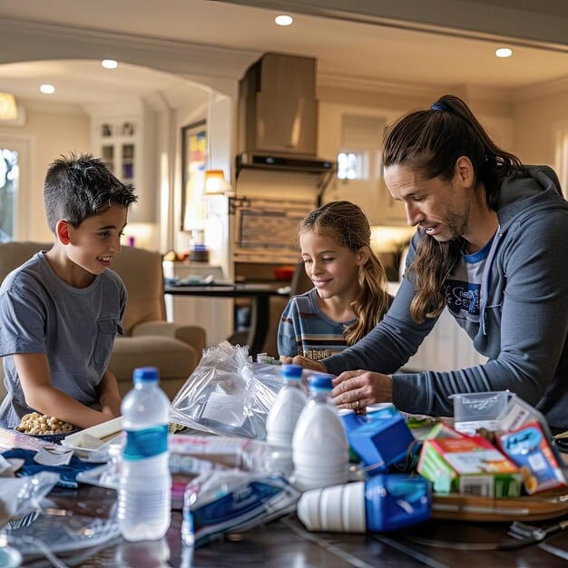 A family is creating an emergency preparedness kit, including items like water bottles, first-aid supplies, and non-perishable food. They are smiling, showing a sense of teamwork and readiness.