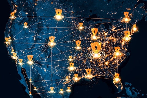 A map of the United States highlighting areas with significant participation in the Affordable Connectivity Program (ACP), overlaid with network infrastructure symbols, representing the expansion of internet access facilitated by the program.