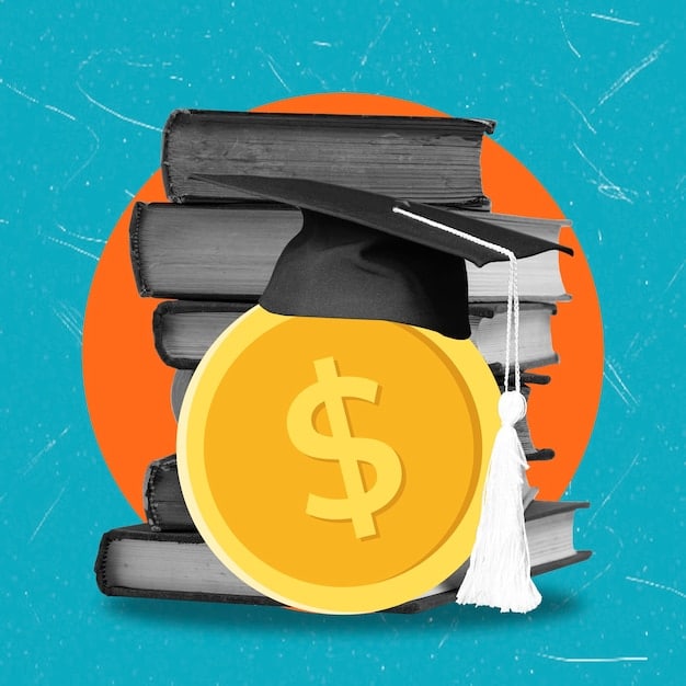 A graphic of a stack of textbooks with a graduation cap on top, with dollar signs floating around, representing savings and education.