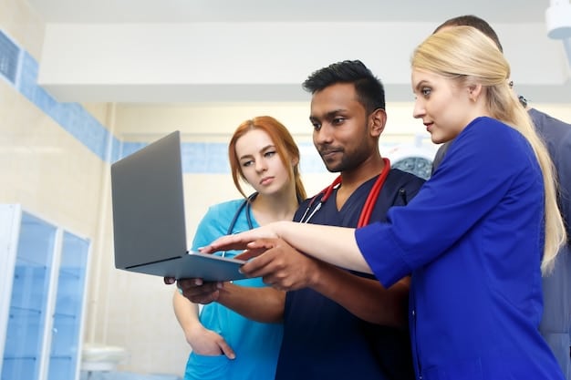 A photo of a diverse group of healthcare professionals working collaboratively in a modern hospital setting, showcasing the teamwork and dedication involved in healthcare careers.