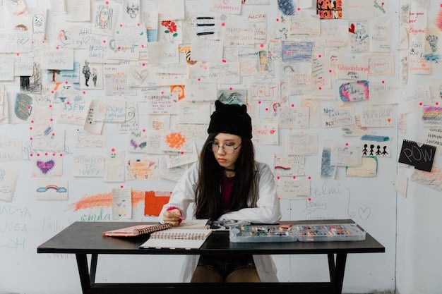 A student sitting at a desk surrounded by notes and brainstorming materials, with a whiteboard in the background filled with ideas and mind maps related to potential essay topics. The student appears engaged and thoughtful.