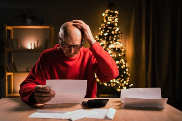 A concerned-looking person staring at a stack of bills on a table, with a calculator and a pen next to them. The lighting is dim and the overall scene conveys stress and financial worry.