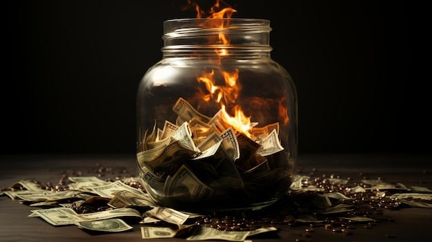 A hand placing US dollar bills into a glass jar labeled 