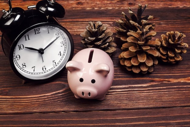 A piggy bank with coins being dropped into it, symbolizing savings. The background shows a calendar with important dates circled, representing financial goals and deadlines.