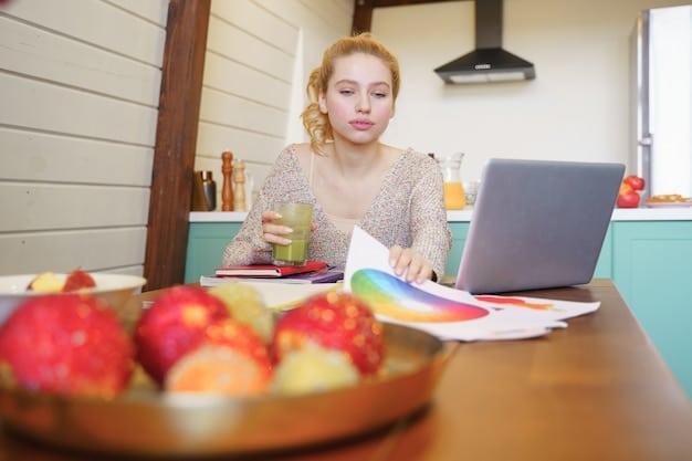 A person sitting at a desk, thoughtfully reviewing a brightly colored, organized spreadsheet. A notebook labeled 