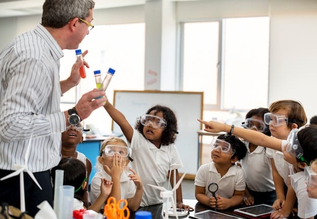 A group of diverse students working together in a well-equipped science lab. They are conducting an experiment with enthusiasm, surrounded by modern equipment and a supportive teacher.