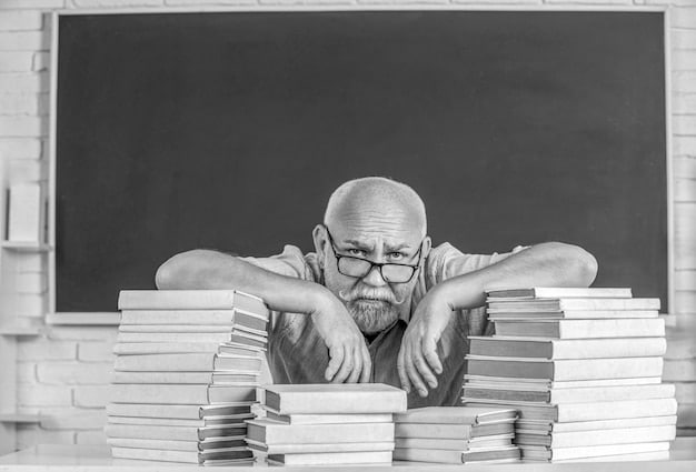 A photo of a teacher looking stressed and overworked in a poorly equipped classroom, symbolizing the challenges faced by educators due to budget cuts. The teacher should be surrounded by piles of papers and outdated materials, conveying the weight of their responsibilities.