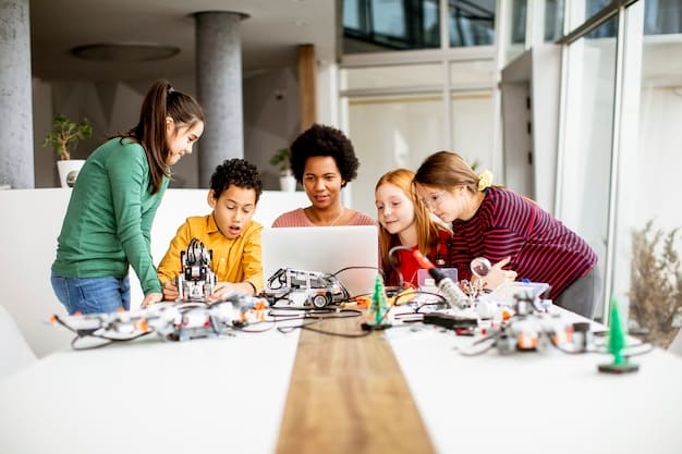 A diverse group of high school students working collaboratively on a robotics project, showcasing innovation and teamwork in a STEM-focused classroom environment.
