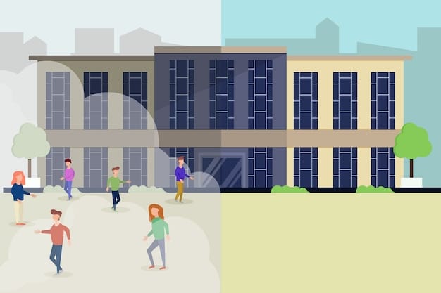 A photo illustration depicting a school building with limited resources, suggesting underfunding and inequality in education.