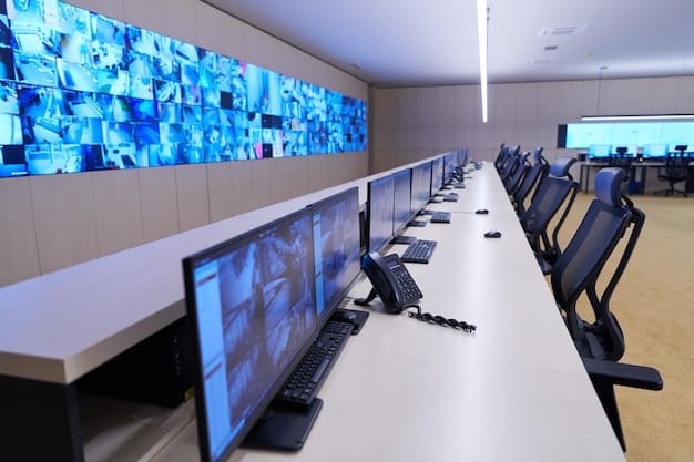 A school's security control room, showcasing monitors displaying live surveillance footage from cameras throughout the school premises, along with personnel monitoring access control systems.