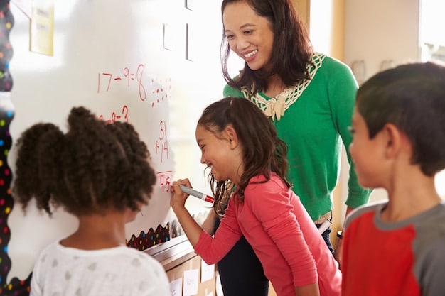 A diverse group of elementary school children looking attentively at a teacher who is explaining a lesson using a whiteboard. The classroom environment is bright and colorful.