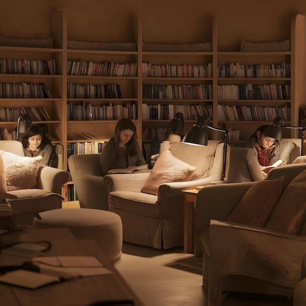 Students studying attentively in a library, illuminated by soft, natural light, depicting a dedicated academic atmosphere. Books and laptops are open, symbolizing educational expenses and credit opportunities.