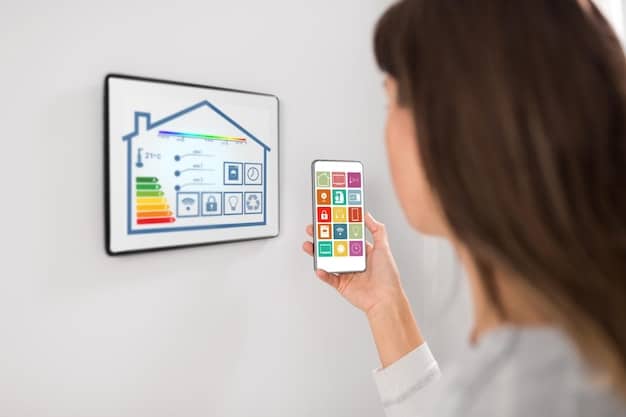 A close-up of a smart thermostat displaying energy usage statistics in a modern living room. The room features energy-efficient windows and LED lighting.