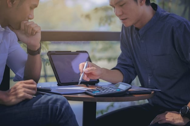 A split-screen image showing a person using a Social Security benefits calculator on a laptop on one side, and the same person discussing financial planning with a consultant on the other side.