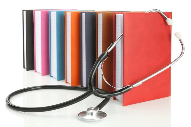 A stack of neatly organized medical files on a wooden desk, with a stethoscope casually draped over the top file. A pen and a pair of glasses are placed beside the files, conveying a sense of preparedness and attention to detail.