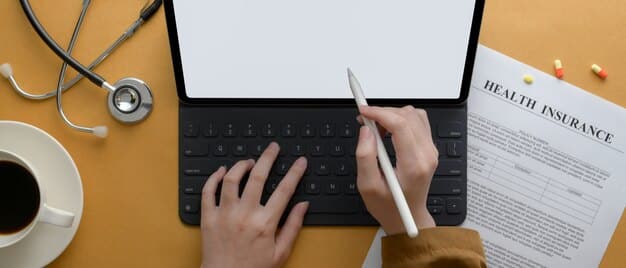 A person sitting at a desk, filling out a Medicaid application form with a pen. The scene highlights the steps involved in applying for healthcare coverage.