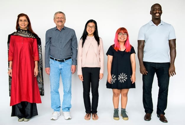 A diverse group of people stands together, representing different ages, abilities, and ethnic backgrounds. The setting is a community center with resources and information pamphlets visible in the background.