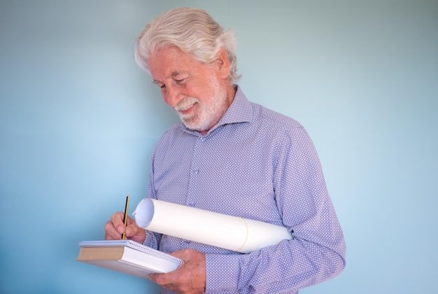 A close-up image shows a senior man carefully organizing his financial documents, with various statements and accounts visible in a well-lit home office setting. The focus is on the detail and precision of his financial management.