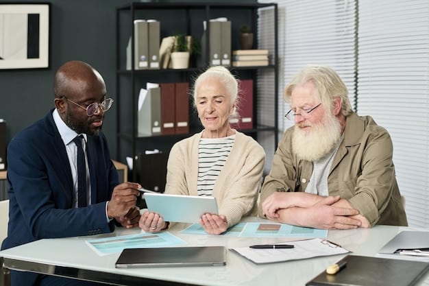 A diverse group of senior citizens participating in a tax planning workshop. They are actively listening and taking notes as a tax professional explains key deductions and credits on a projected screen.